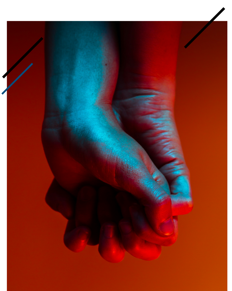 Hands holding on neon background